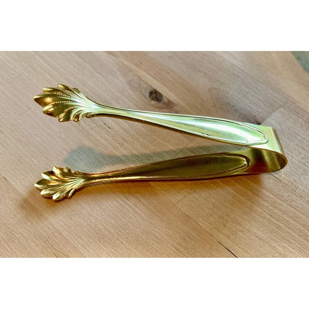 MCM 1970s Vintage Gold Butterfly and White Leaf Glass Ice Bucket w/ Golden Tongs
